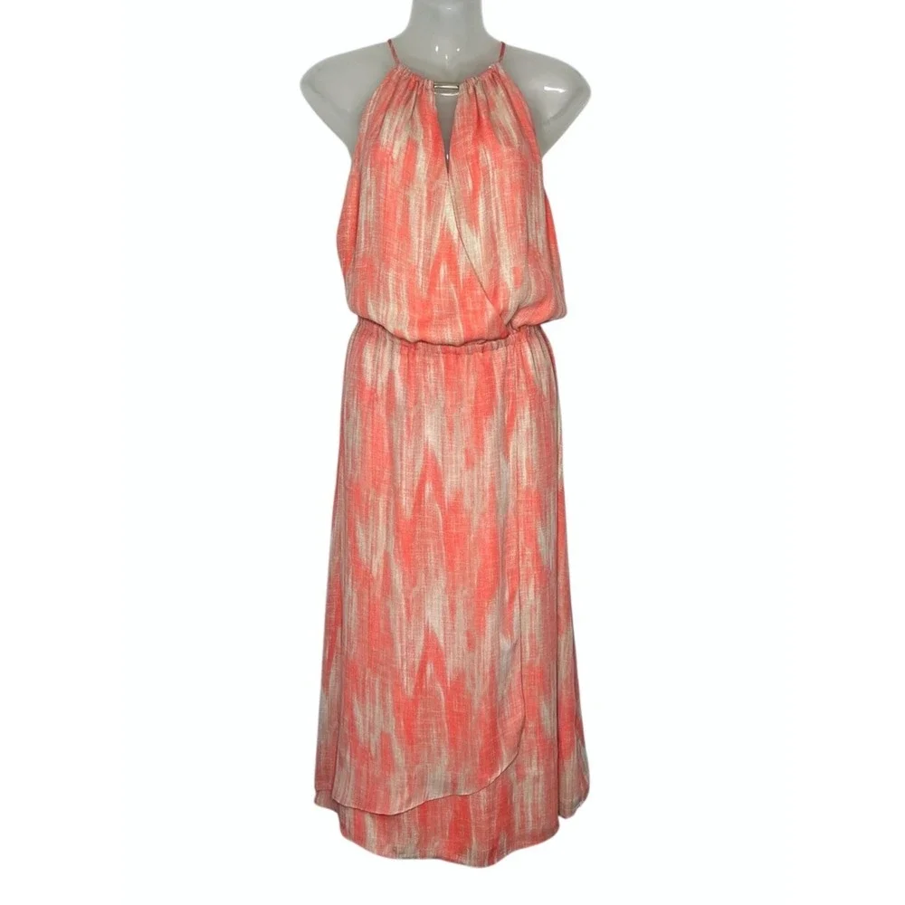 Michael Kors Halter Midi Dress 8 Coral Orange Beige Abstract Faux Wrap NWT